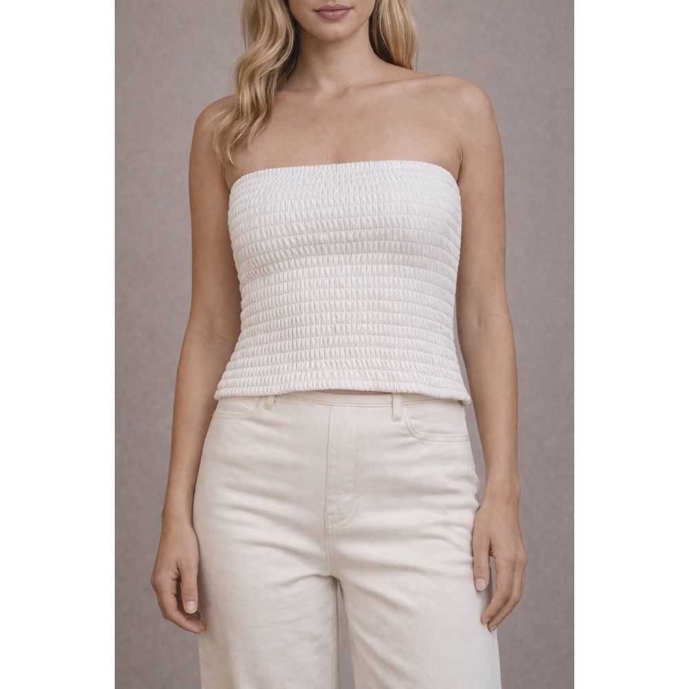 STAUD Cream Smocked Faux Leather Tube Top Strapless Minimalist Size L‎
